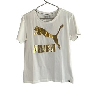 Puma White Short Sleeve Metallic Gold Logo Cat Front T-Shirt Women Sz XS